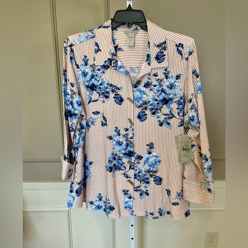 Multiples NWT 1X Button Down Blouse Creme Brulee Stripes Floral Tan Blue